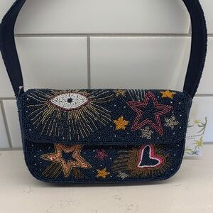NWT beaded Navy Embroidered Celestial Shoulder Bag